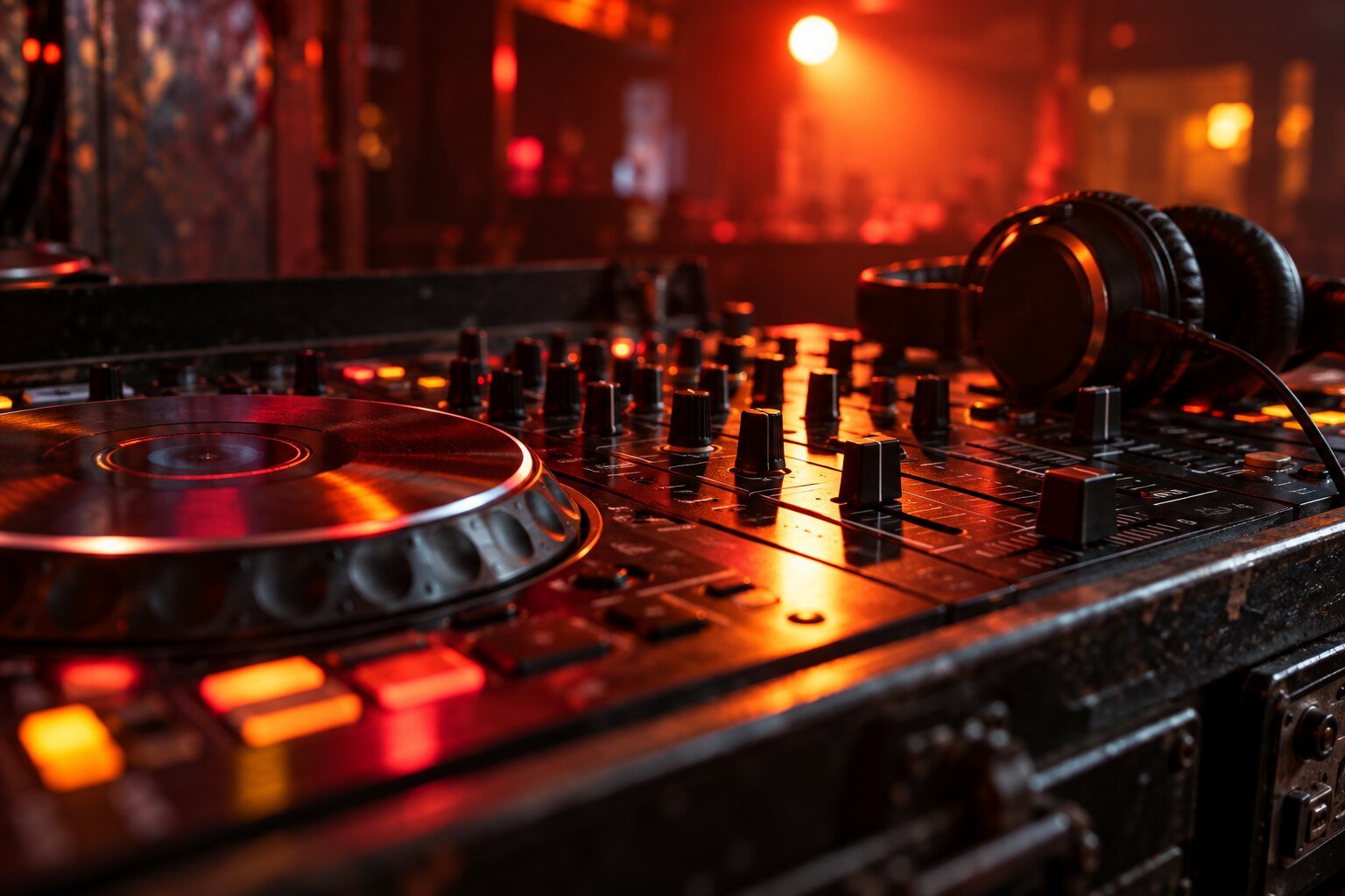 Concept image of DJ equipment under red venue light