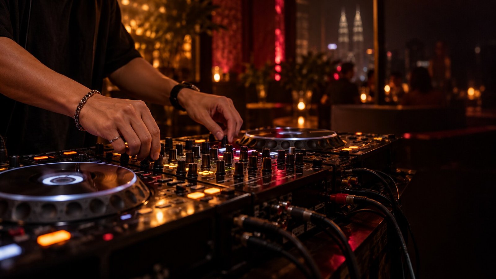 Concept image of hands mixing on DJ decks in warm venue light